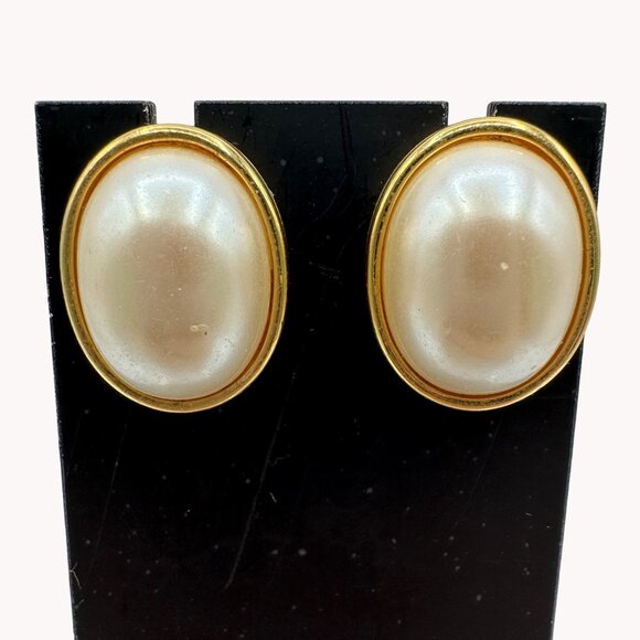 Womens Post Oval Earrings Jewelry Faux White Pearl Bead Gold Tone Costume Fashio - Picture 4 of 7